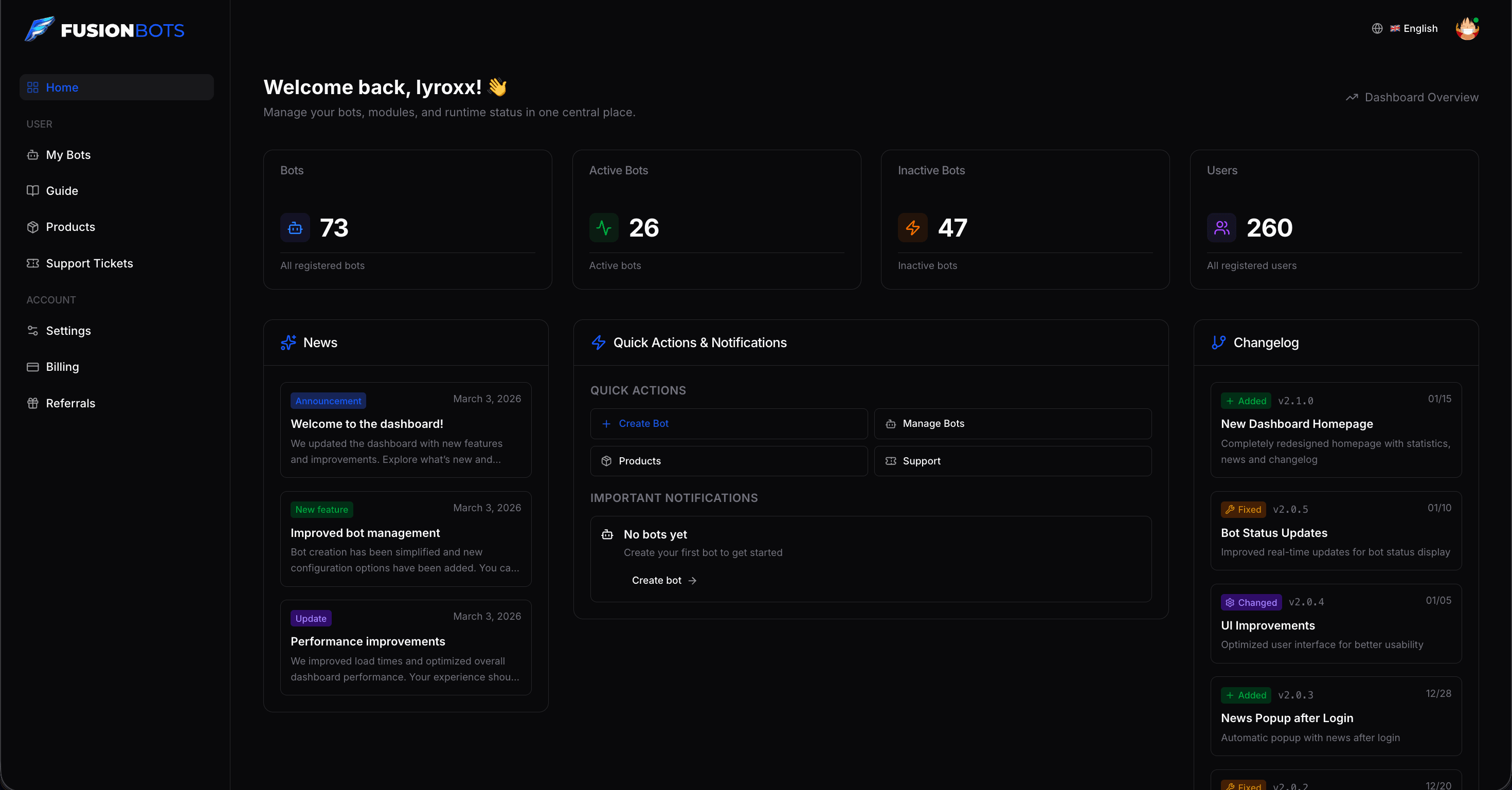 Dashboard interface showing bot hosting analytics and metrics